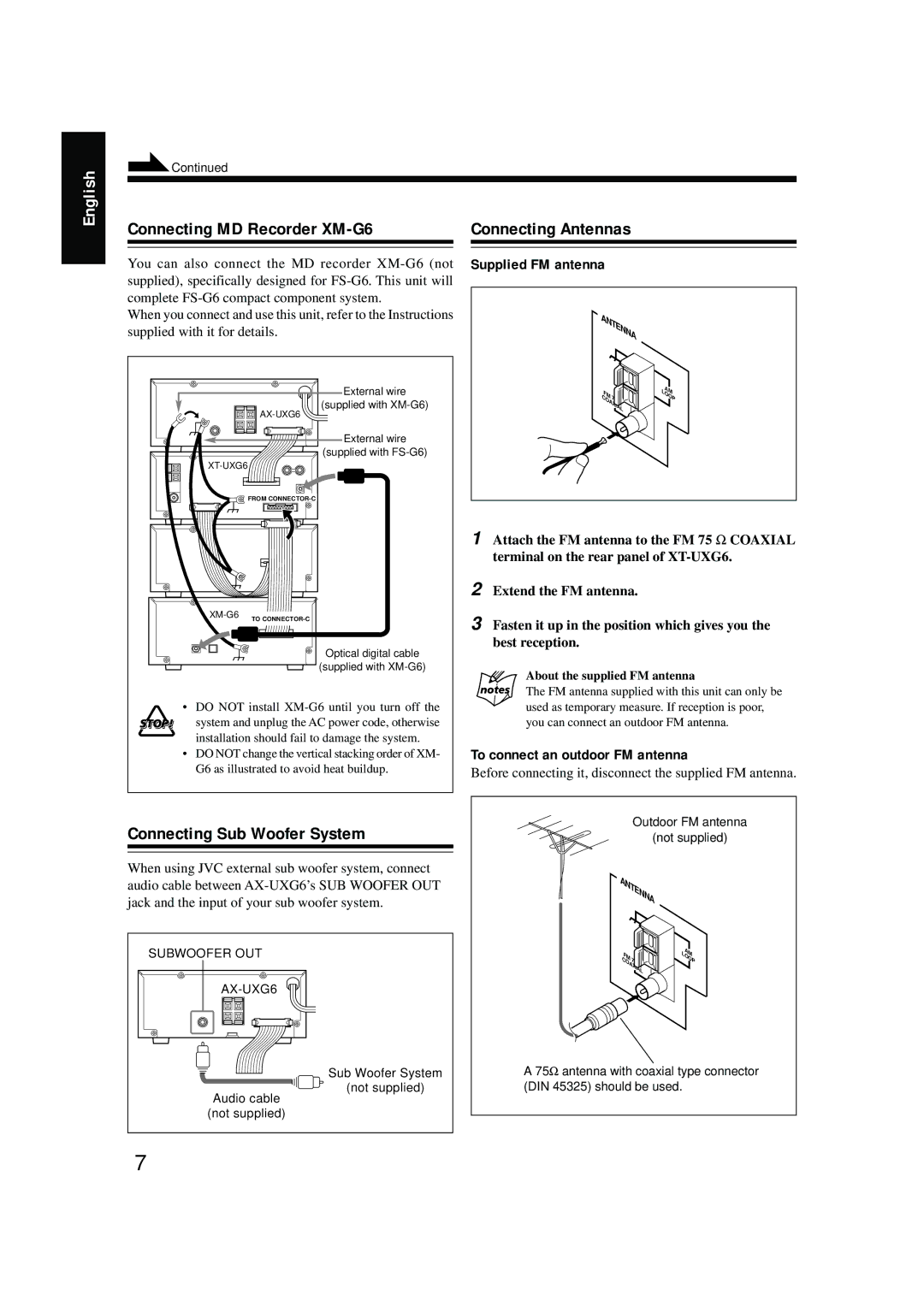 JVC LVT0375-001A manual Connecting MD Recorder XM-G6 Connecting Antennas, Connecting Sub Woofer System, Supplied FM antenna 