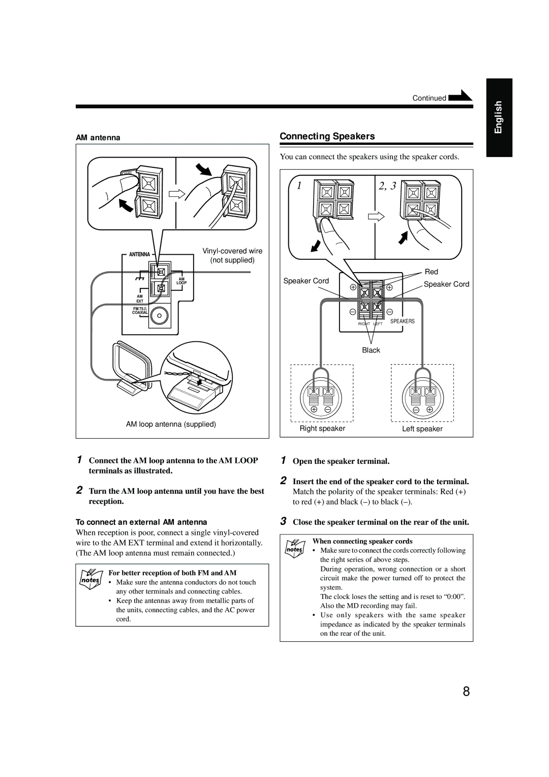 JVC FS-G6 Connecting Speakers, To connect an external AM antenna, Close the speaker terminal on the rear of the unit 