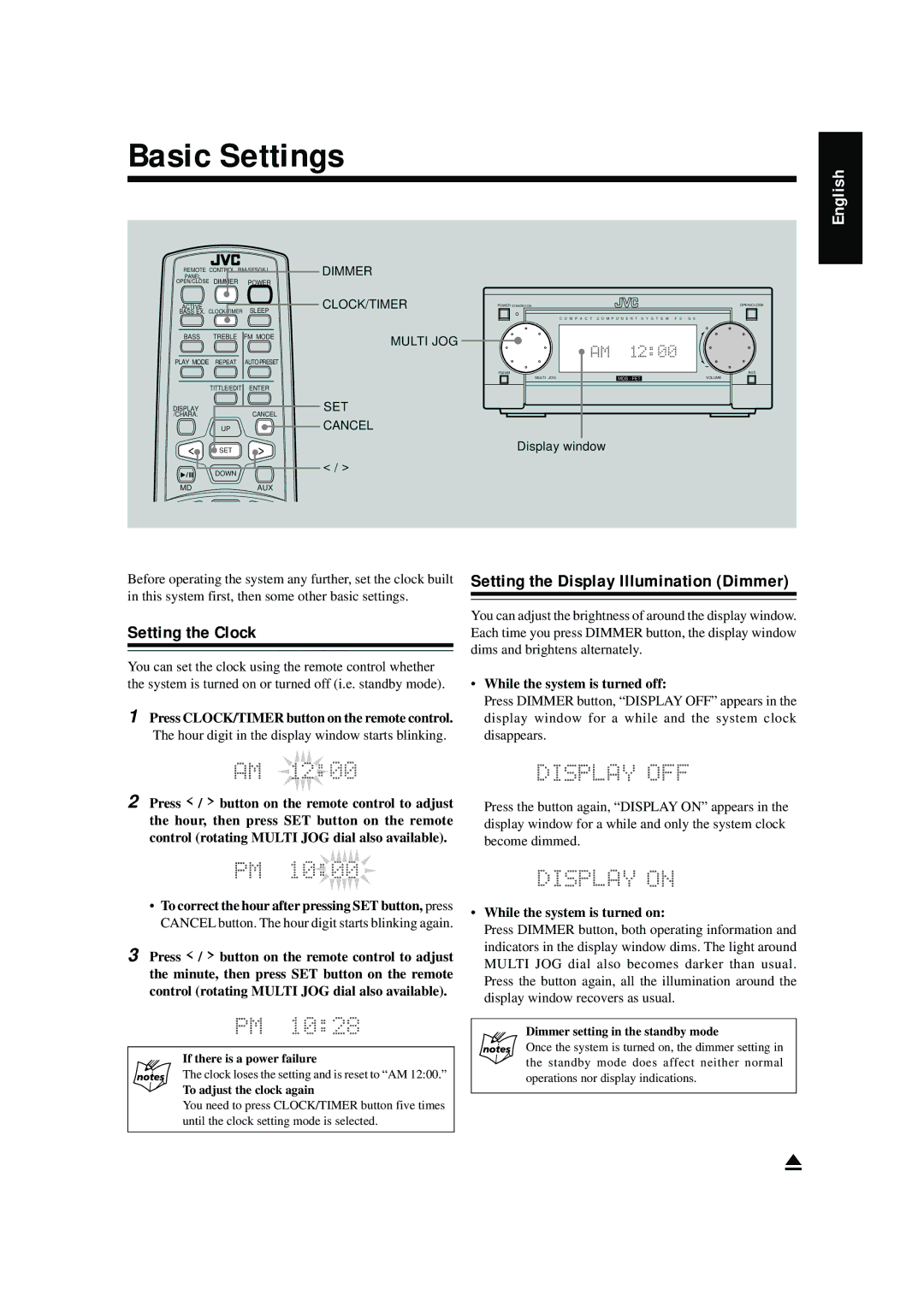 JVC LVT0375-001A, FS-G6, XT-UXG6 manual Basic Settings, Setting the Clock, Setting the Display Illumination Dimmer 