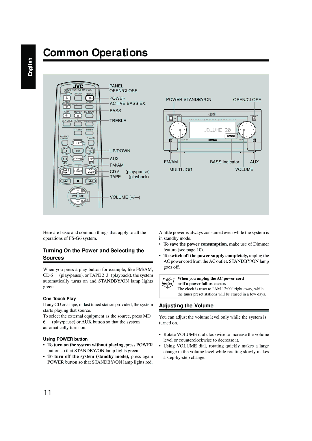 JVC FS-G6, XT-UXG6 Common Operations, Turning On the Power and Selecting the Sources, Adjusting the Volume, One Touch Play 