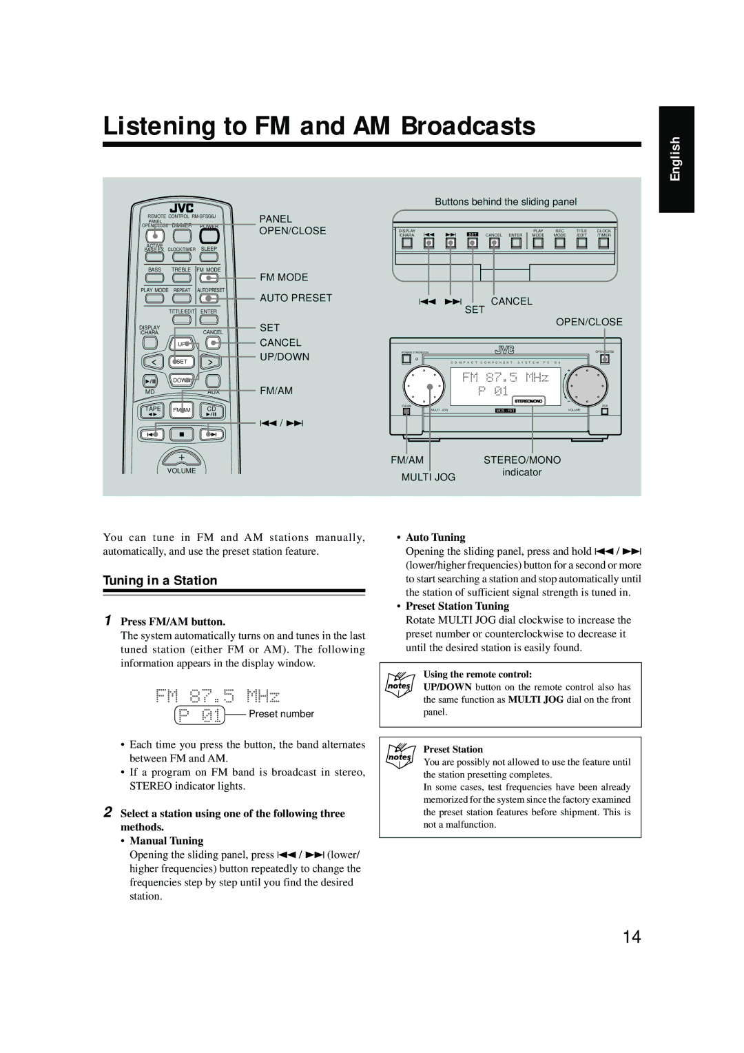 JVC FS-G6, LVT0375-001A Listening to FM and AM Broadcasts, Tuning in a Station, Press FM/AM button, Preset Station Tuning 