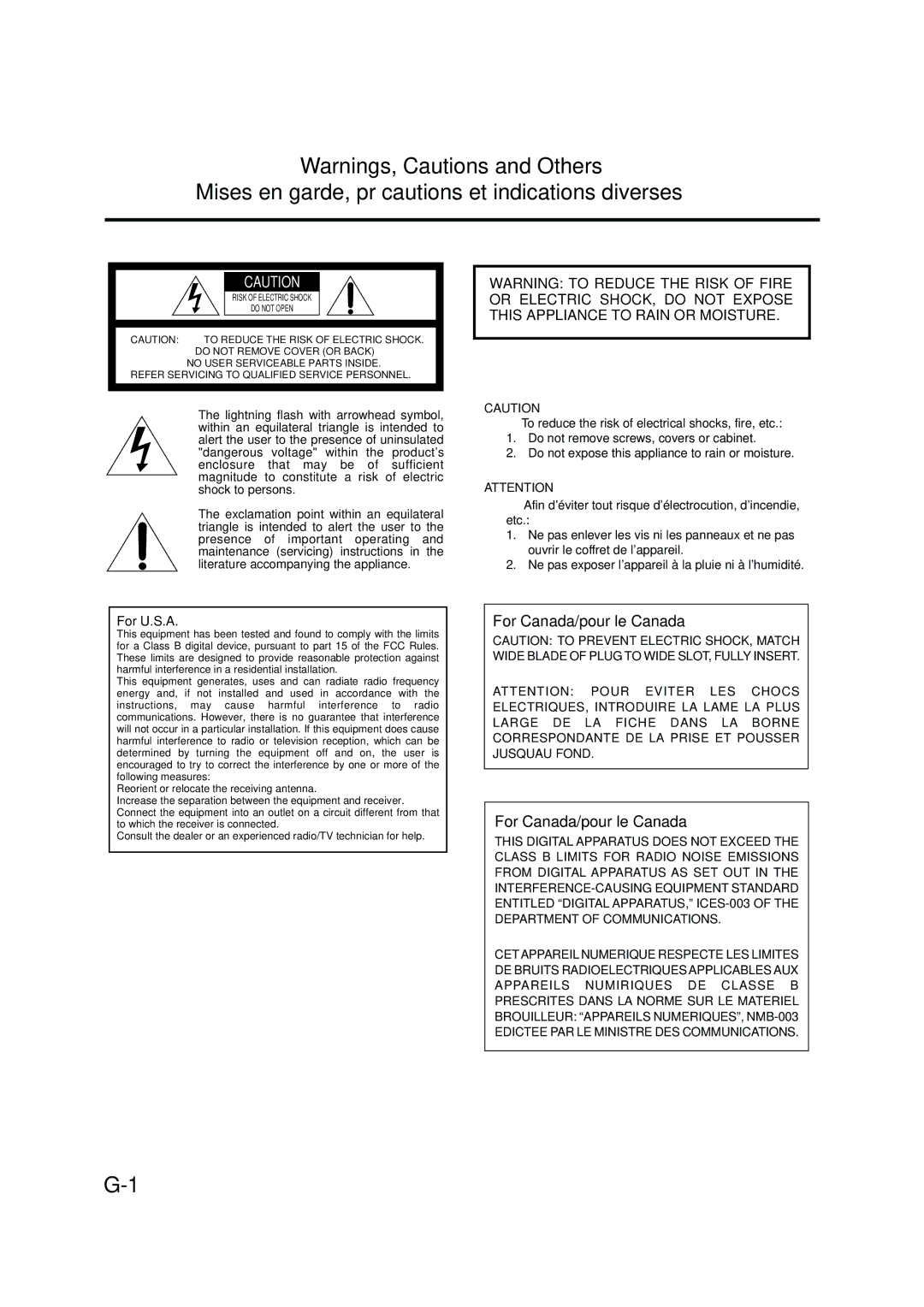 JVC XT-UXG6, LVT0375-001A, FS-G6 manual Mises en garde, précautions et indications diverses, For Canada/pour le Canada 