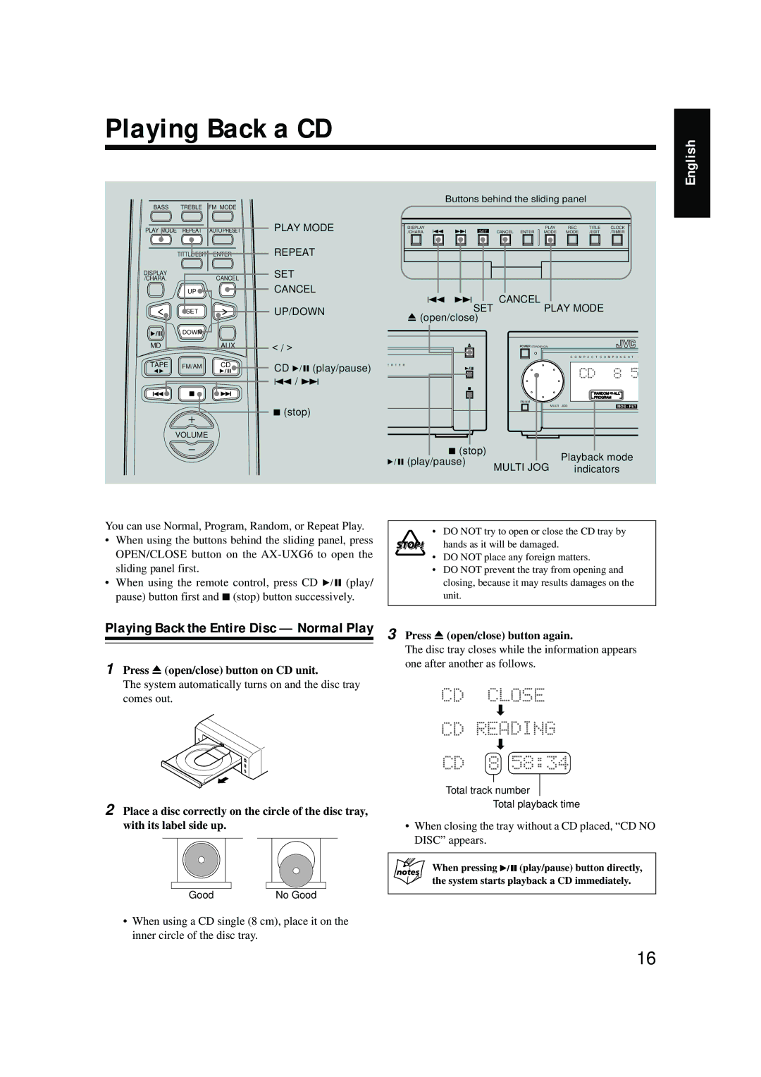 JVC LVT0375-001A, FS-G6 manual Playing Back a CD, Playing Back the Entire Disc Normal Play, Press 0open/close button again 