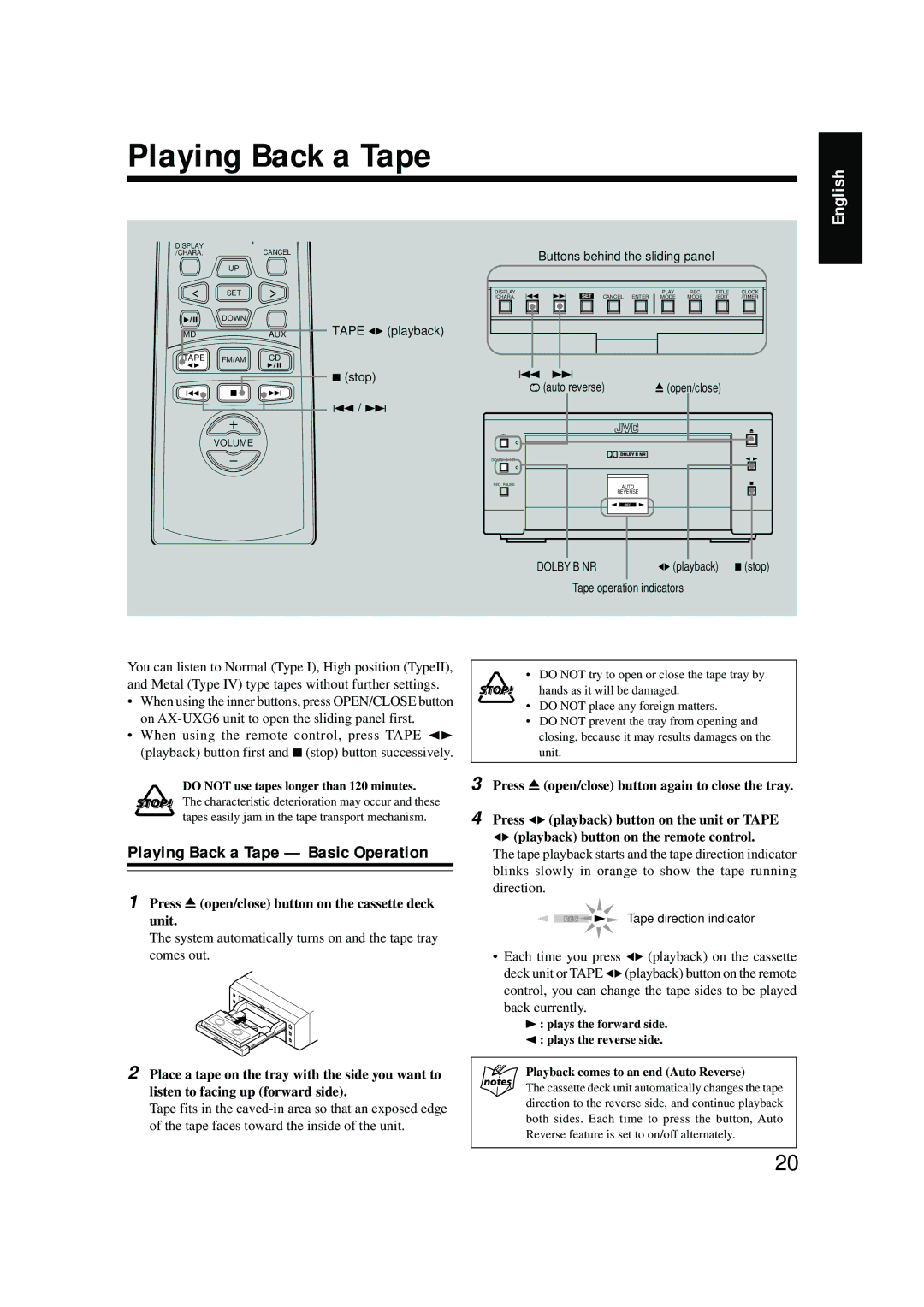 JVC FS-G6, LVT0375-001A, XT-UXG6 manual Playing Back a Tape, Press 0open/close button on the cassette deck unit 