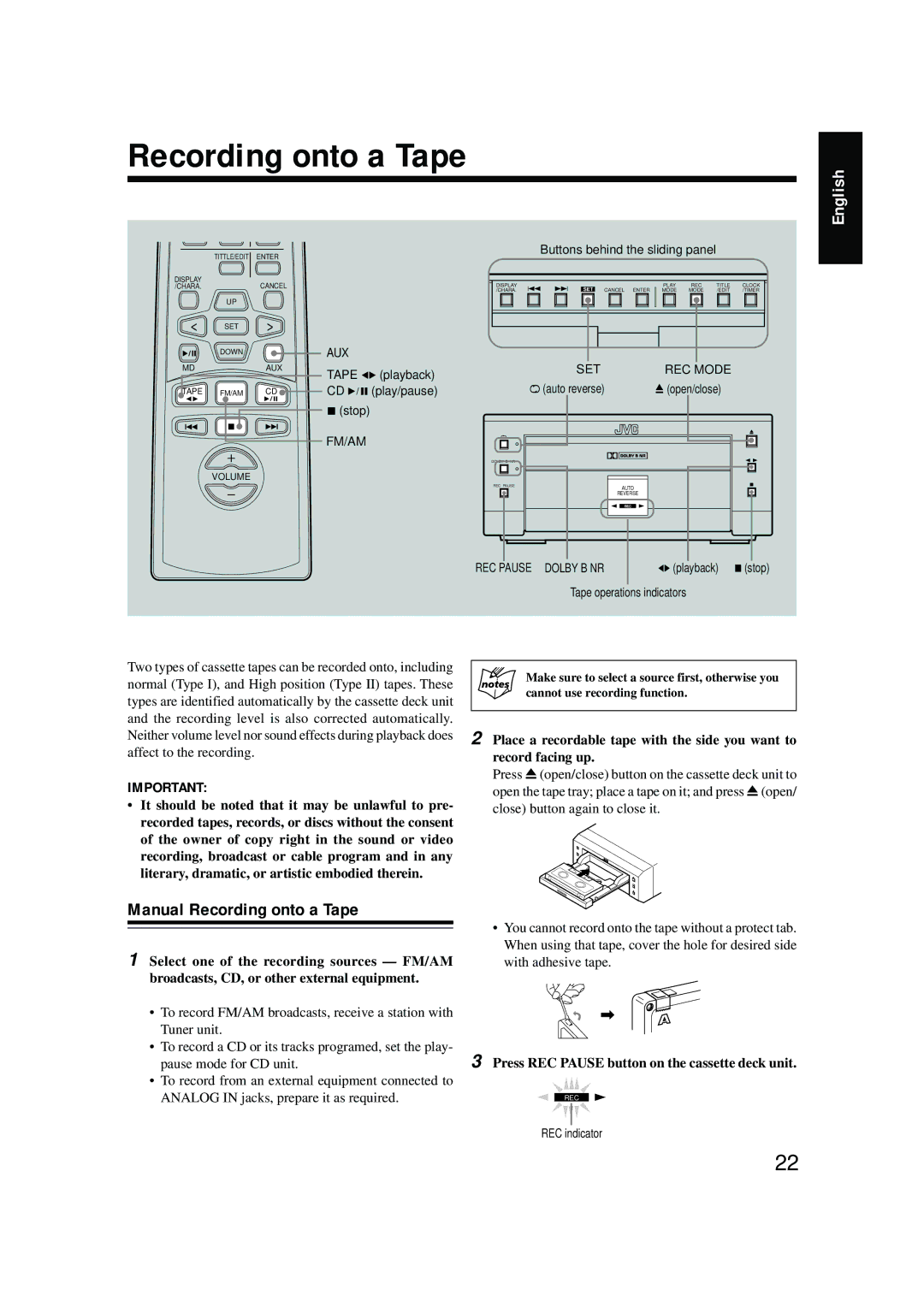 JVC LVT0375-001A, FS-G6, XT-UXG6 manual Manual Recording onto a Tape, Press REC Pause button on the cassette deck unit 