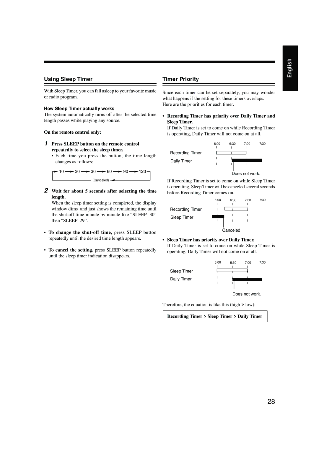 JVC LVT0375-001A Using Sleep Timer Timer Priority, How Sleep Timer actually works, Recording Timer Sleep Timer Daily Timer 