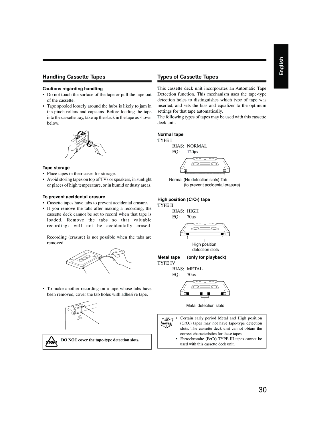 JVC XT-UXG6 Handling Cassette Tapes Types of Cassette Tapes, Normal tape, Tape storage, To prevent accidental erasure 