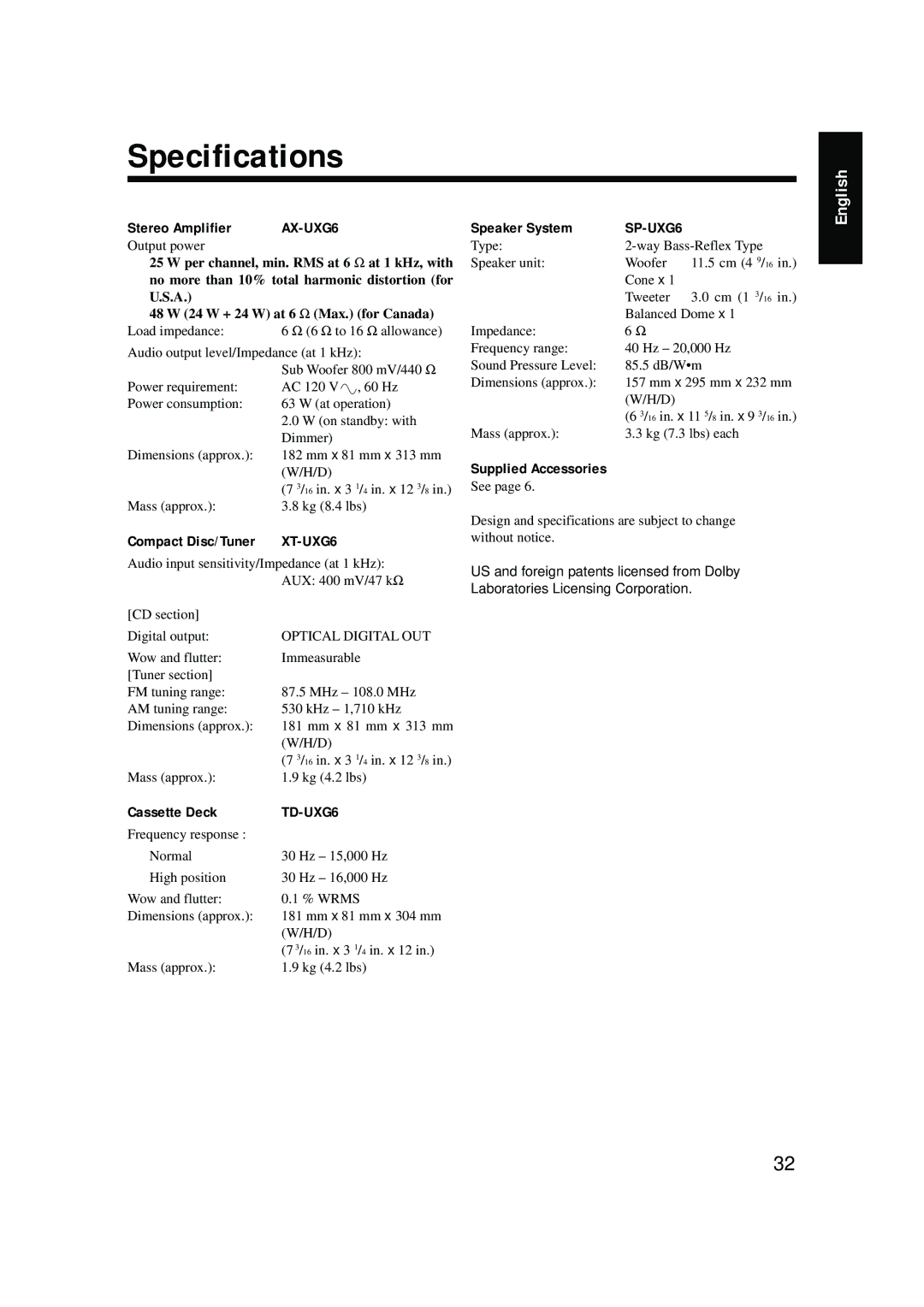 JVC FS-G6, LVT0375-001A manual Specifications, Stereo Amplifier AX-UXG6, Cassette Deck, Speaker System, Supplied Accessories 