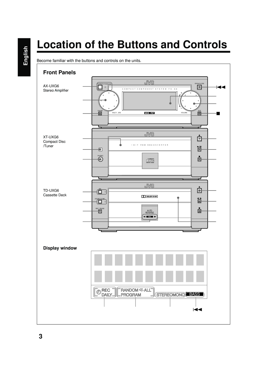 JVC XT-UXG6, LVT0375-001A, FS-G6 manual Location of the Buttons and Controls, Front Panels, Display window 