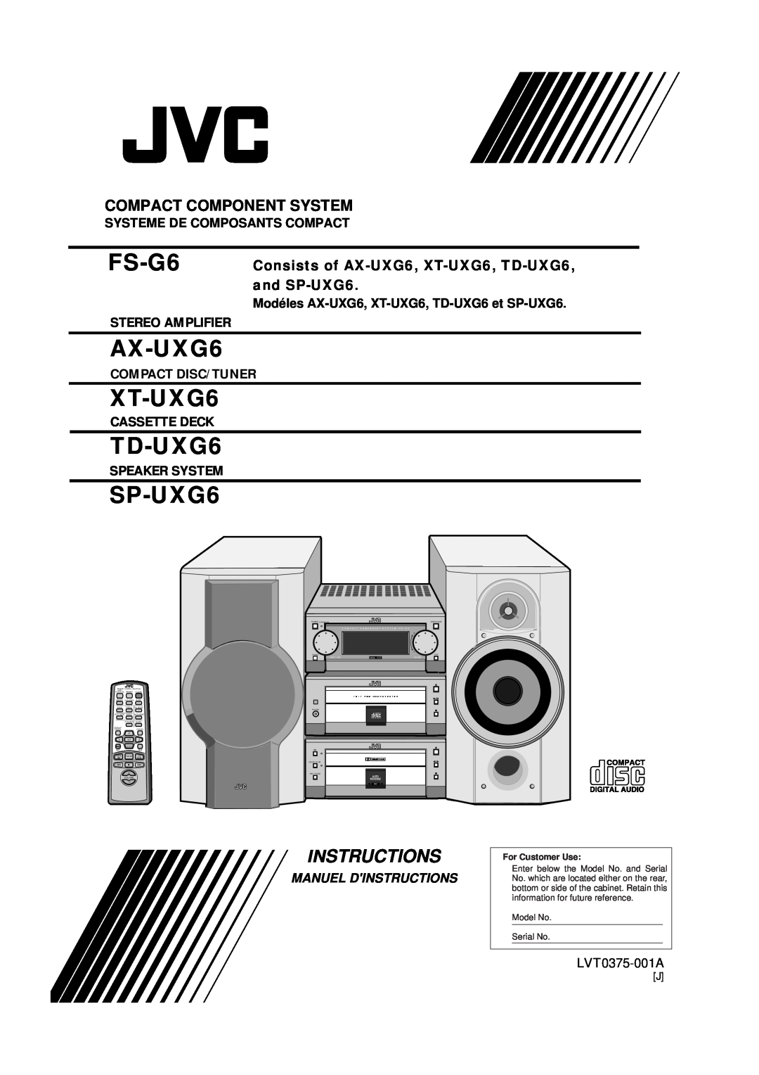 JVC FS-G6 manual Compact Component System, Consists of AX-UXG6, XT-UXG6, TD-UXG6,and SP-UXG6, Manuel Dinstructions, Volume 
