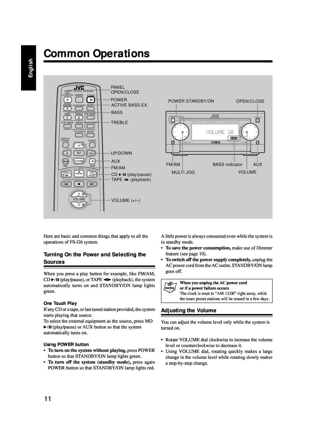 JVC FS-G6 Common Operations, Turning On the Power and Selecting the Sources, Adjusting the Volume, One Touch Play, English 