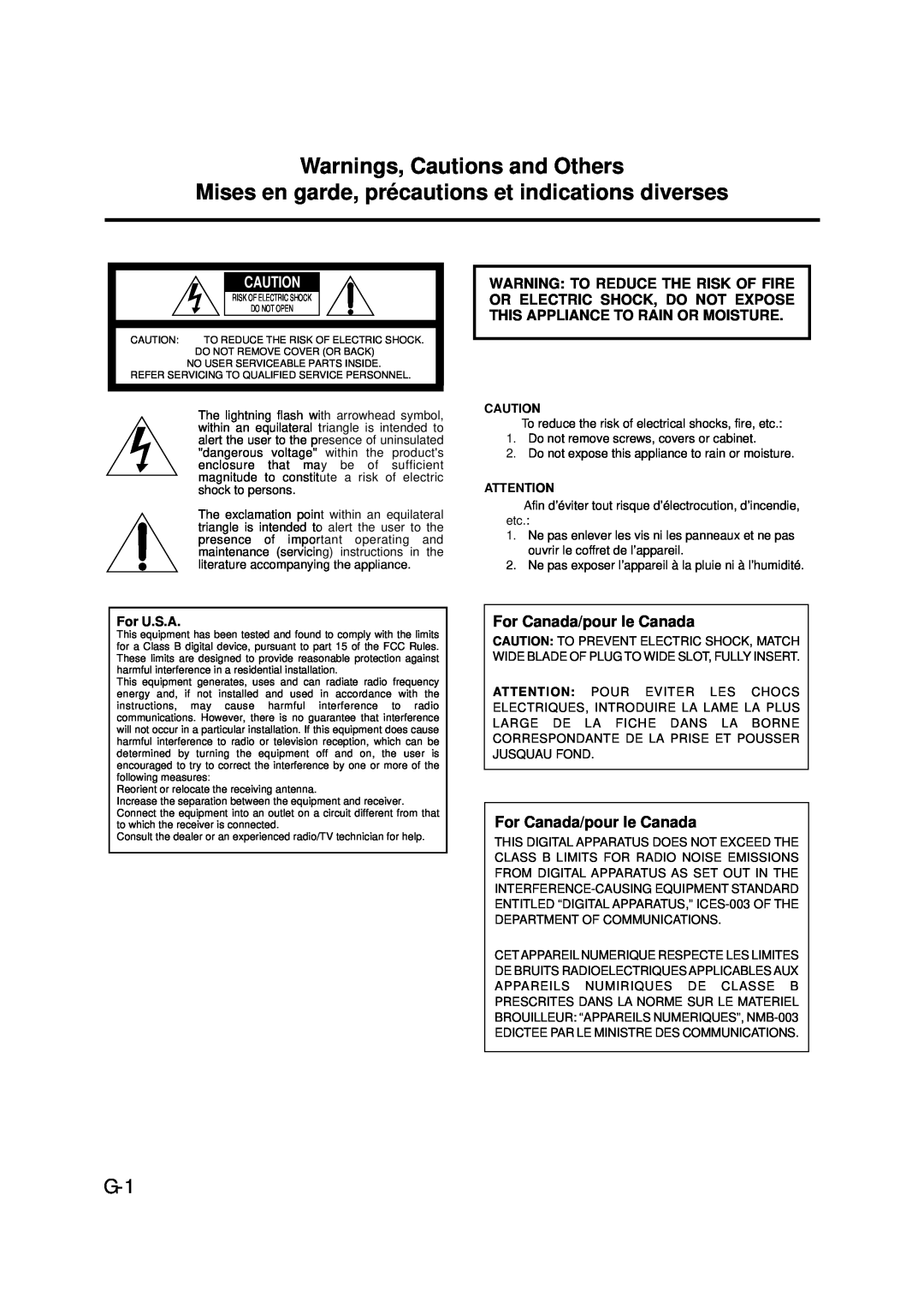 JVC XT-UXG6, LVT0375-001A, FS-G6 manual For Canada/pour le Canada, Warnings, Cautions and Others, For U.S.A 