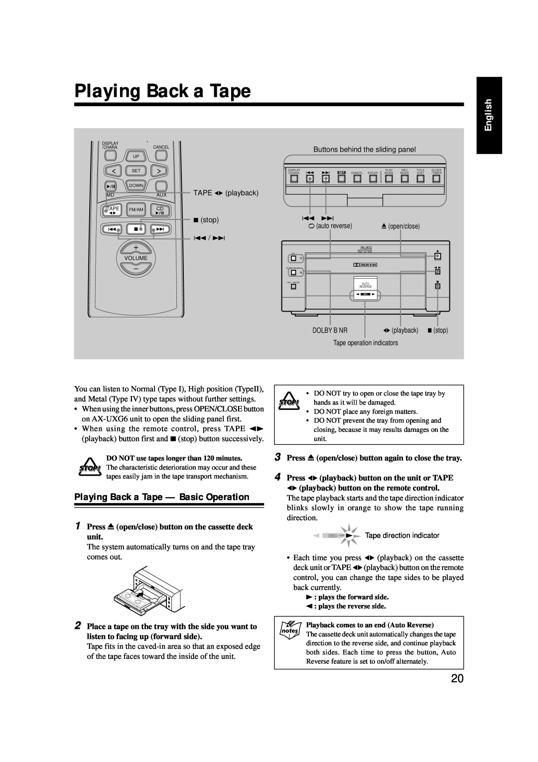 JVC FS-G6, LVT0375-001A, XT-UXG6 manual Playing Back a Tape - Basic Operation, English 