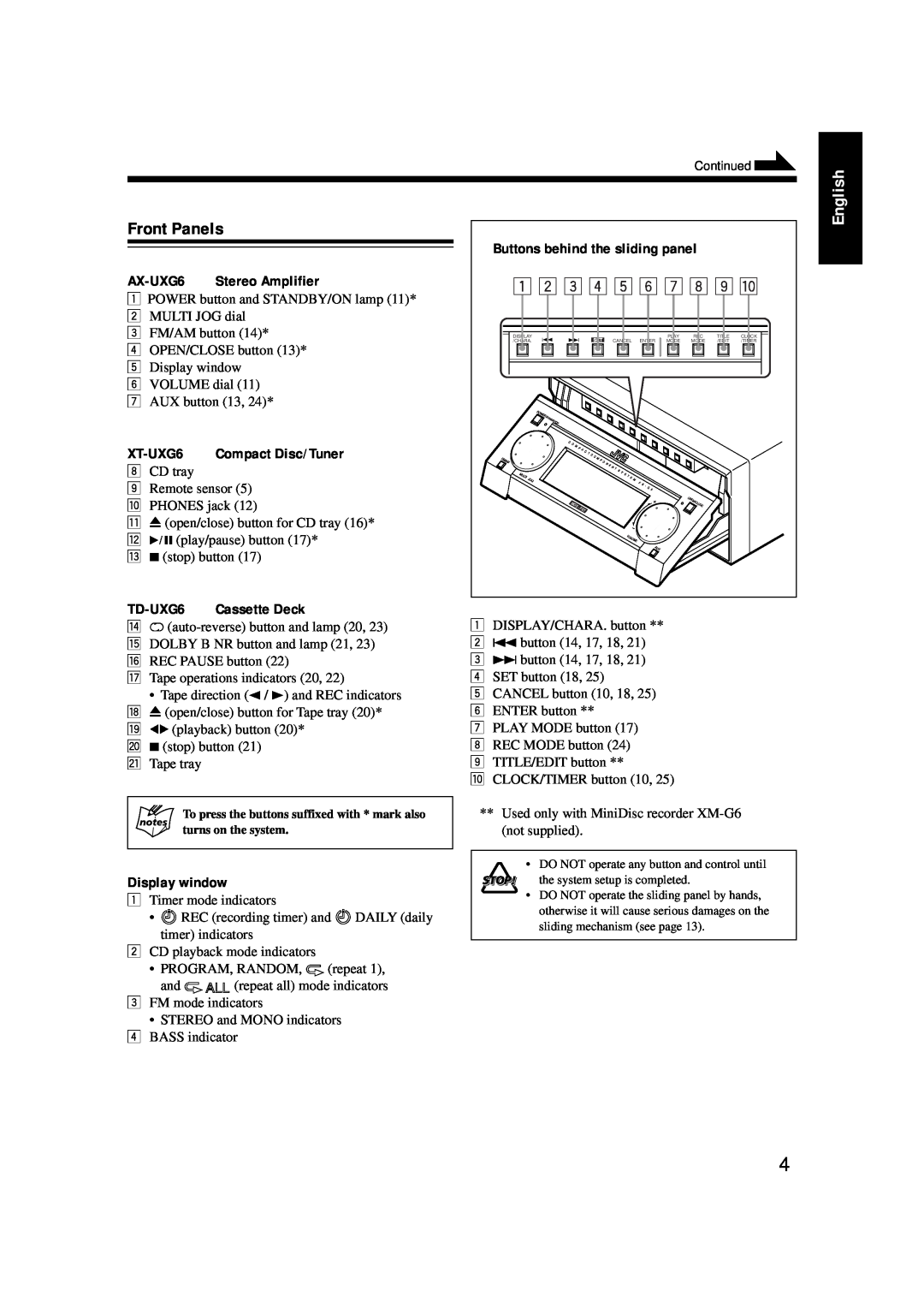 JVC LVT0375-001A English, AX-UXG6, Stereo Amplifier, XT-UXG6, Compact Disc/Tuner, TD-UXG6, Front Panels, Display window 