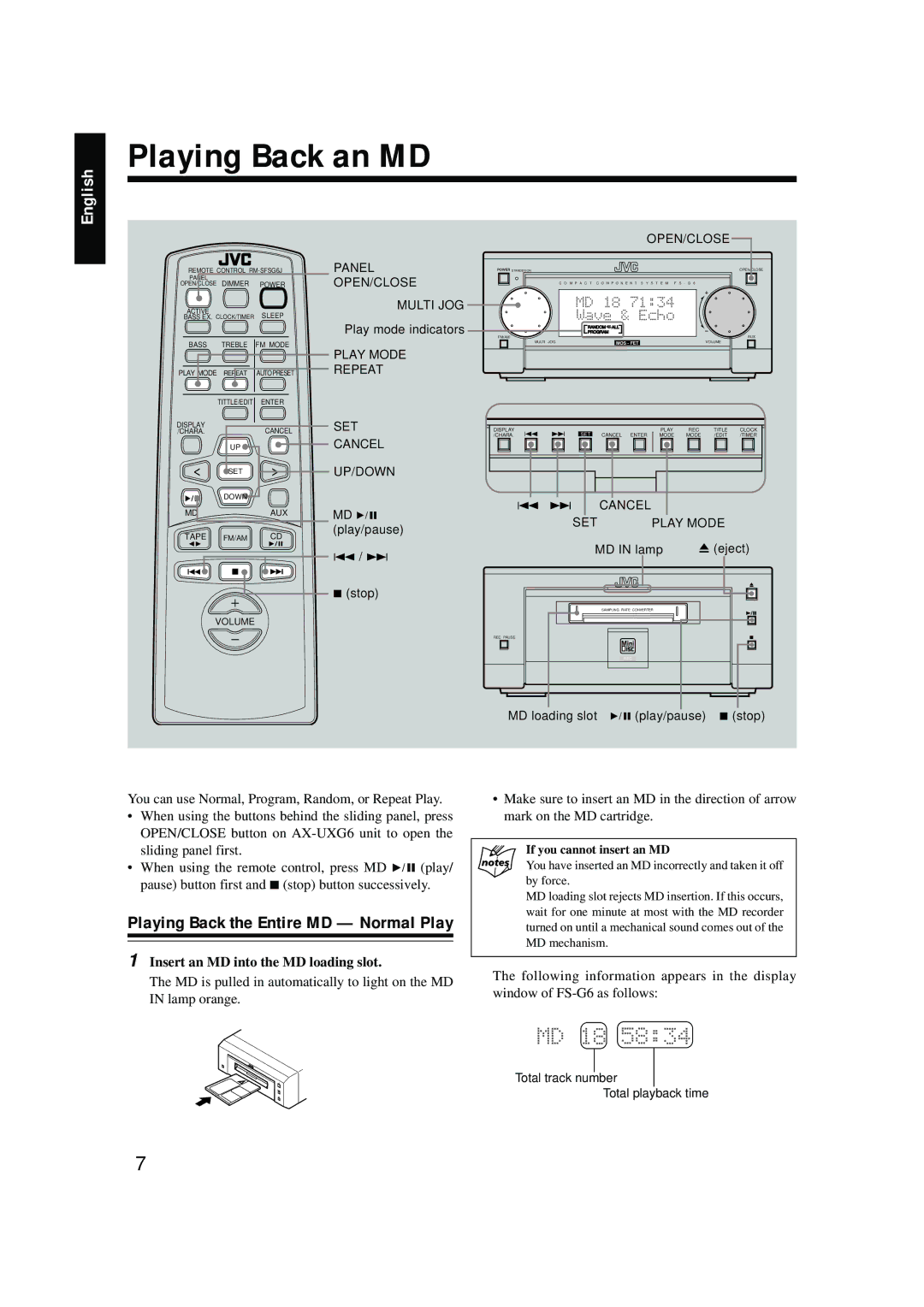 JVC LVT0378-001A, 0200JTMMDWJSCEN Playing Back an MD, Insert an MD into the MD loading slot, If you cannot insert an MD 