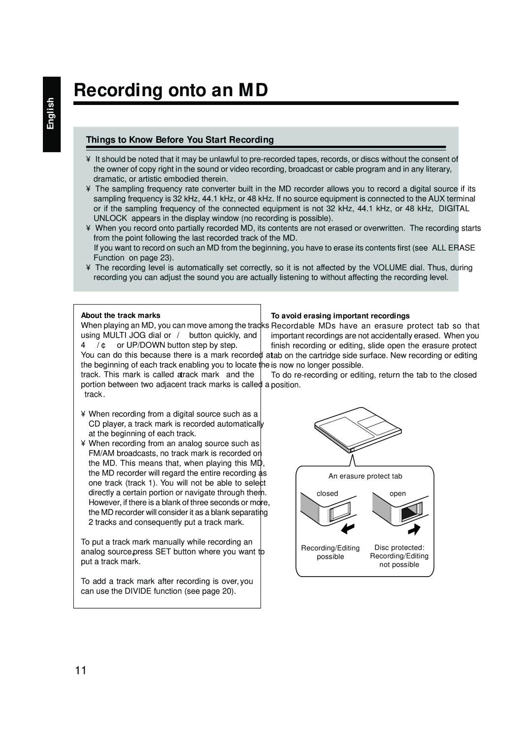 JVC LVT0378-001A, 0200JTMMDWJSCEN Recording onto an MD, Things to Know Before You Start Recording, About the track marks 