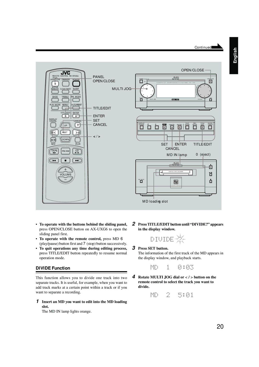 JVC 0200JTMMDWJSCEN, LVT0378-001A manual Divide Function, Title/Edit Open/Close 