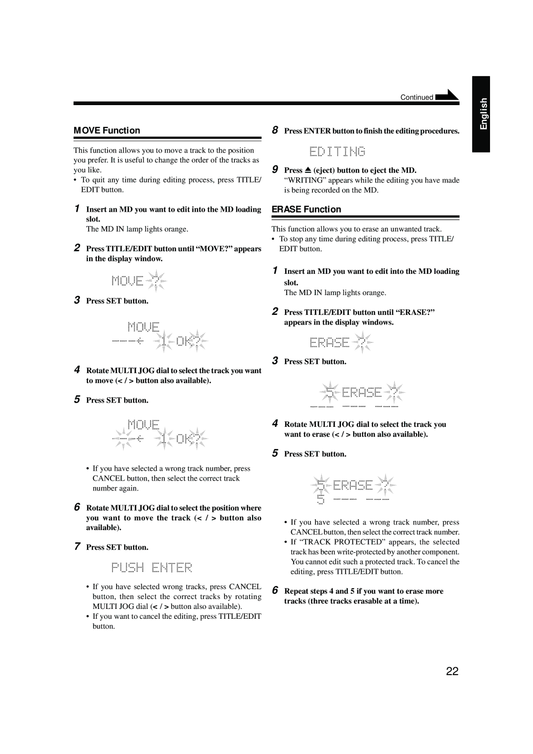 JVC 0200JTMMDWJSCEN, LVT0378-001A manual Move Function, Erase Function, Repeat steps 4 and 5 if you want to erase more 