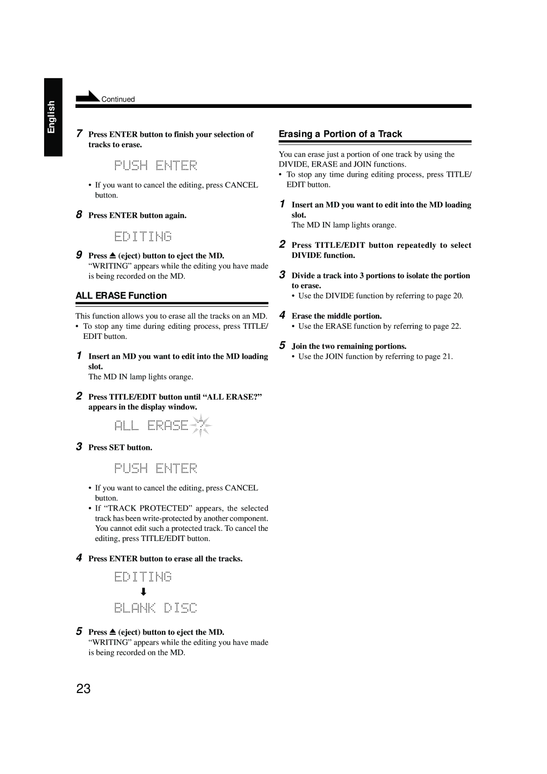 JVC LVT0378-001A, 0200JTMMDWJSCEN manual ALL Erase Function, Erasing a Portion of a Track, Erase the middle portion 