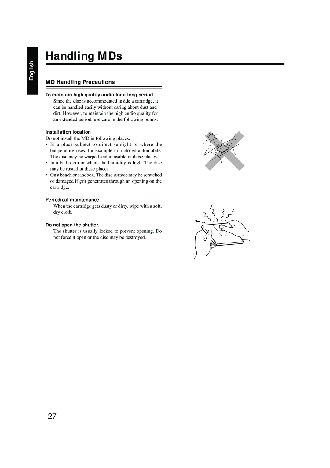 JVC LVT0378-001A, 0200JTMMDWJSCEN manual Handling MDs, MD Handling Precautions 