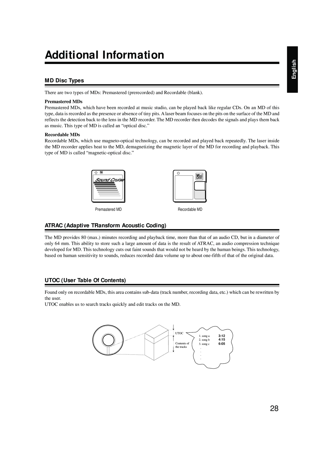 JVC 0200JTMMDWJSCEN, LVT0378-001A manual Additional Information, MD Disc Types, Atrac Adaptive TRansform Acoustic Coding 