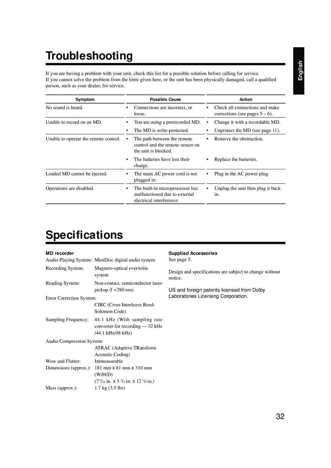 JVC 0200JTMMDWJSCEN Troubleshooting, Specifications, MD recorder, Supplied Accessories, Symptom Possible Cause Action 