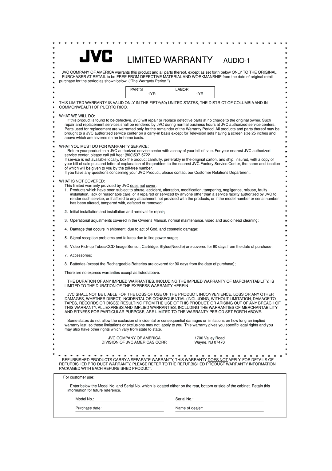 JVC 0200JTMMDWJSCEN, LVT0378-001A manual Limited Warranty AUDIO-1 