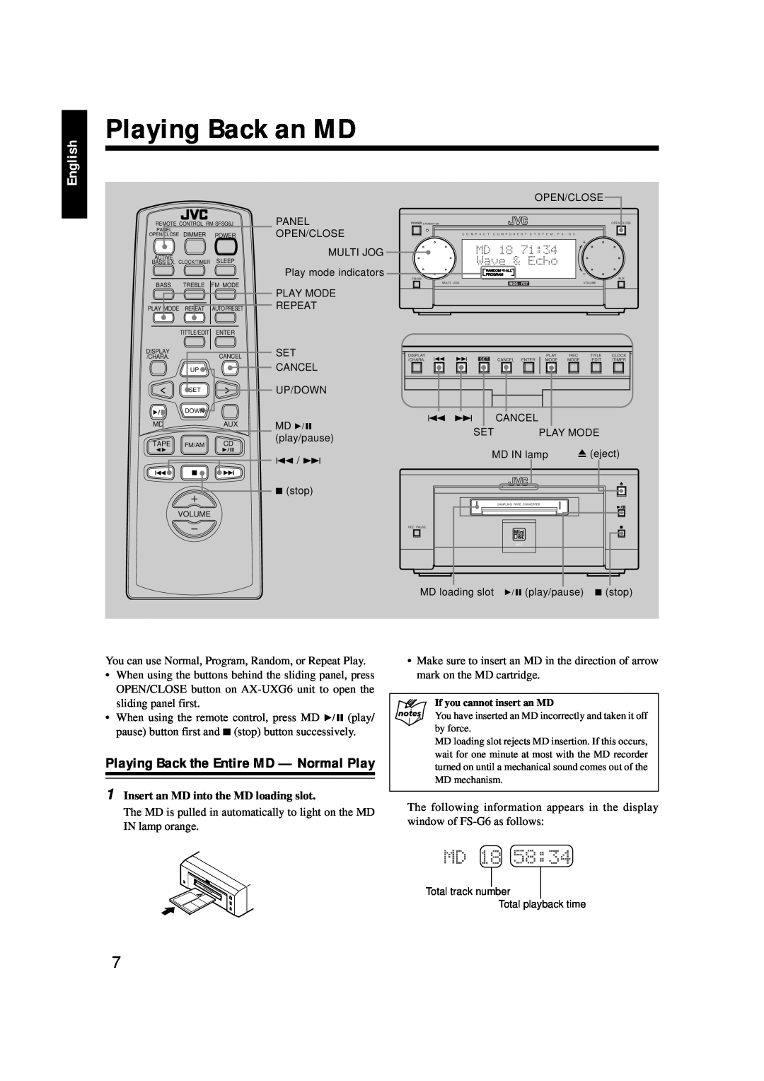 JVC LVT0378-001A, 0200JTMMDWJSCEN manual Playing Back an MD, Playing Back the Entire MD - Normal Play, English 