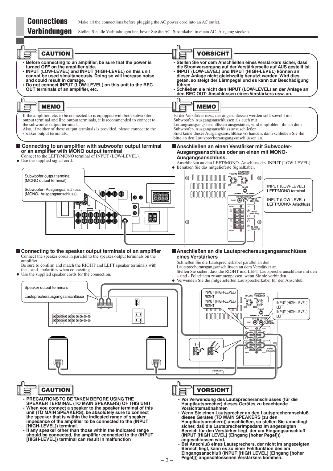 JVC LVT0673-001A manual Vorsicht, Memo, Connecting to the speaker output terminals of an amplifier 