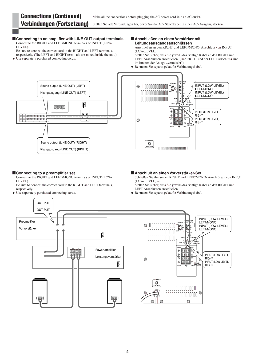 JVC LVT0673-001A manual Connecting to an amplifier with Line OUT output terminals, Connecting to a preamplifier set 