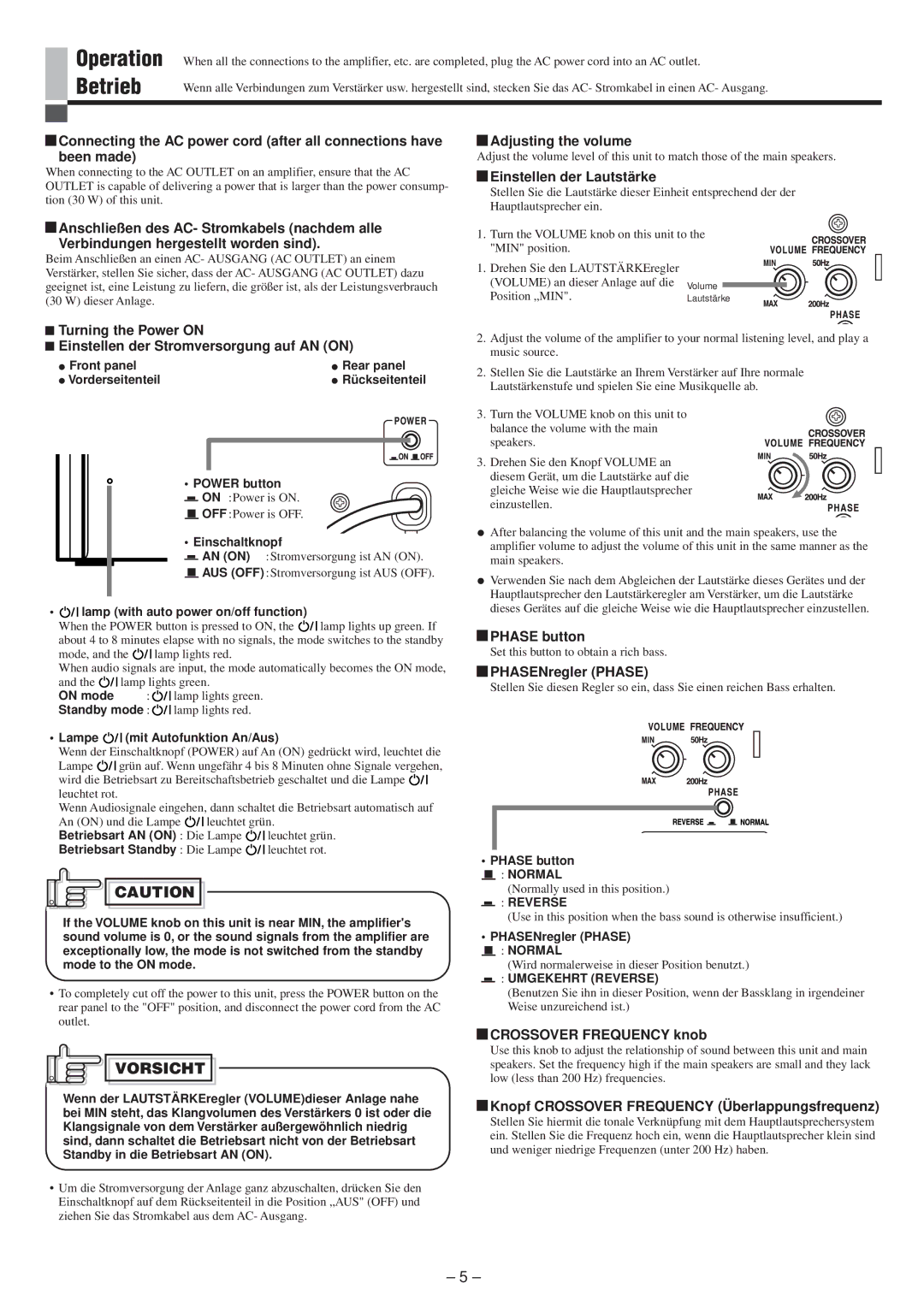 JVC LVT0673-001A manual Verbindungen hergestellt worden sind, Turning the Power on, Adjusting the volume, Phase button 