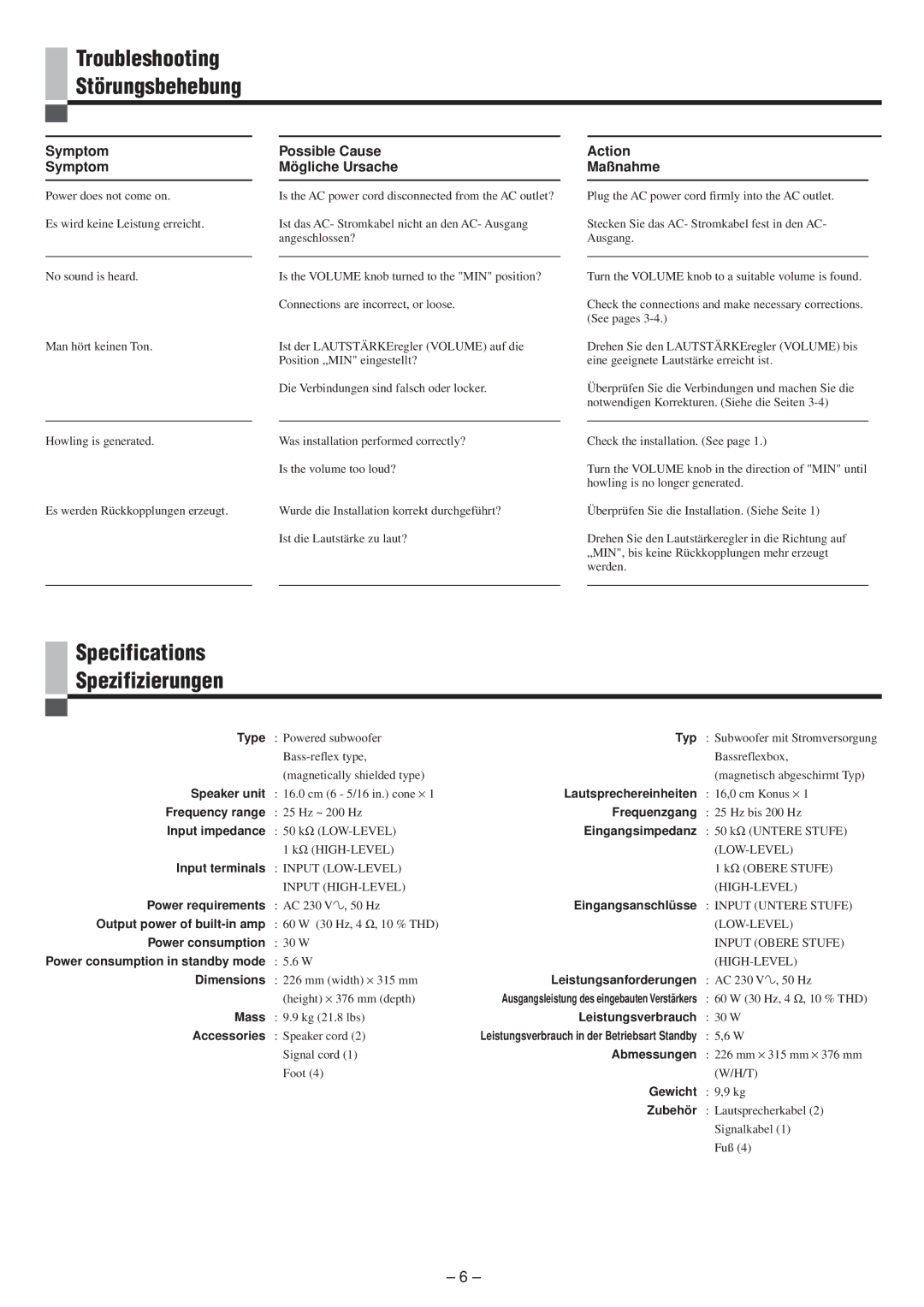 JVC LVT0673-001A manual Troubleshooting Störungsbehebung, Specifications Spezifizierungen 