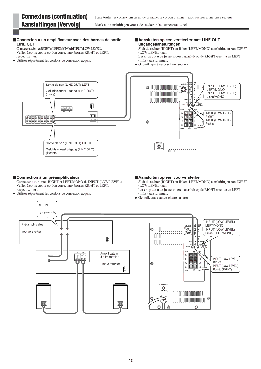 JVC LVT0673-001A manual Connexion à un amplificateur avec des bornes de sortie, Line OUT, Connextion à un préamplificateur 