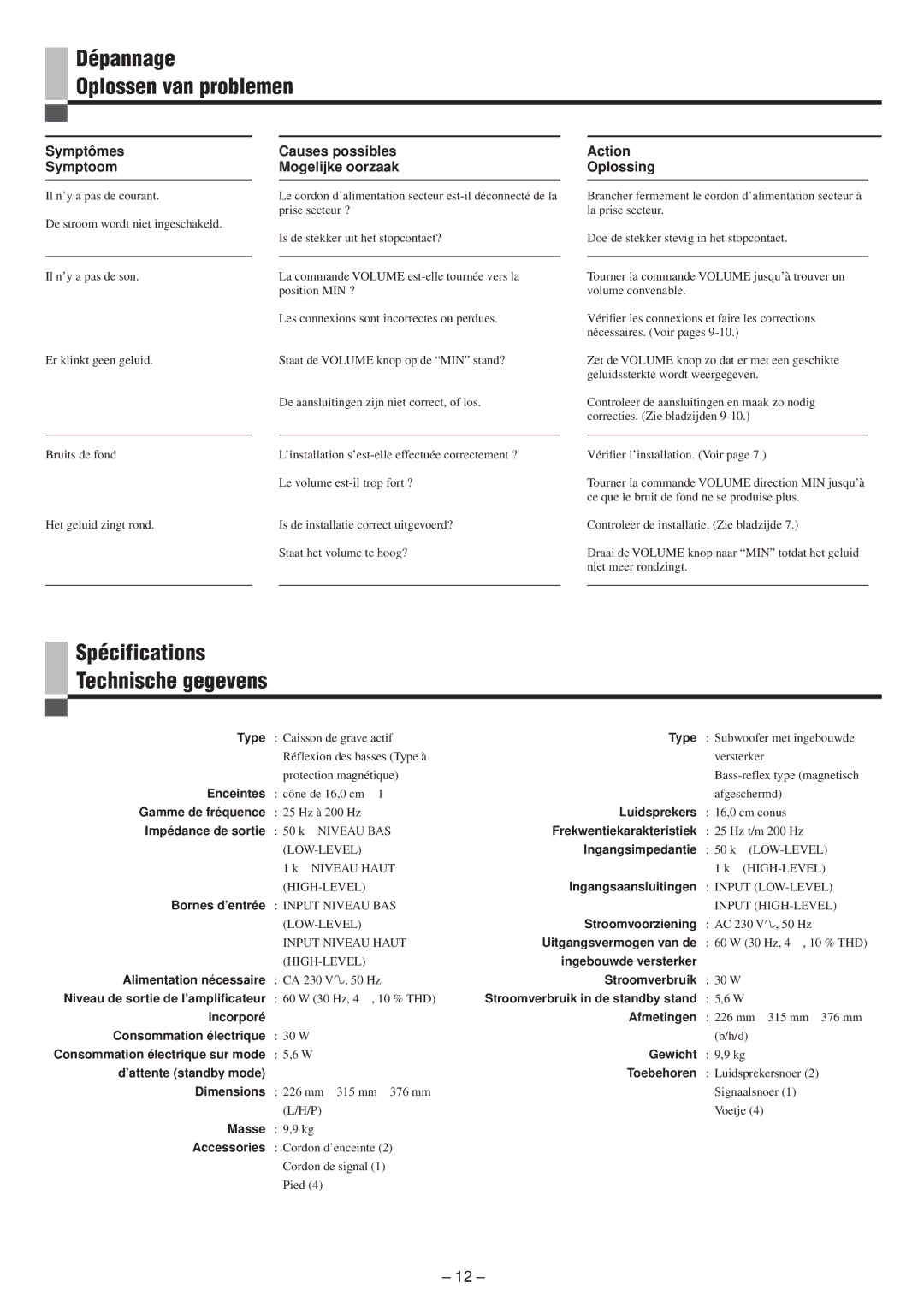 JVC LVT0673-001A manual Dépannage Oplossen van problemen, Spécifications Technische gegevens, Symptômes Symptoom 