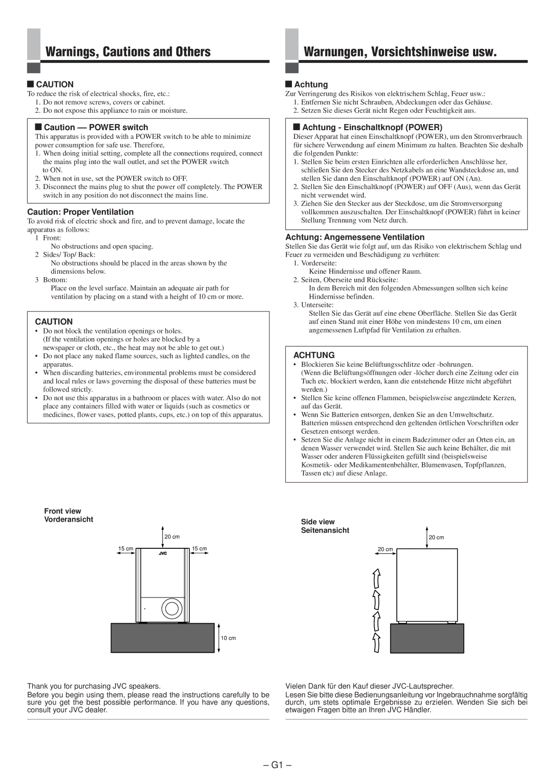 JVC LVT0673-001A manual Warnungen, Vorsichtshinweise usw, Achtung Einschaltknopf Power, Achtung Angemessene Ventilation 