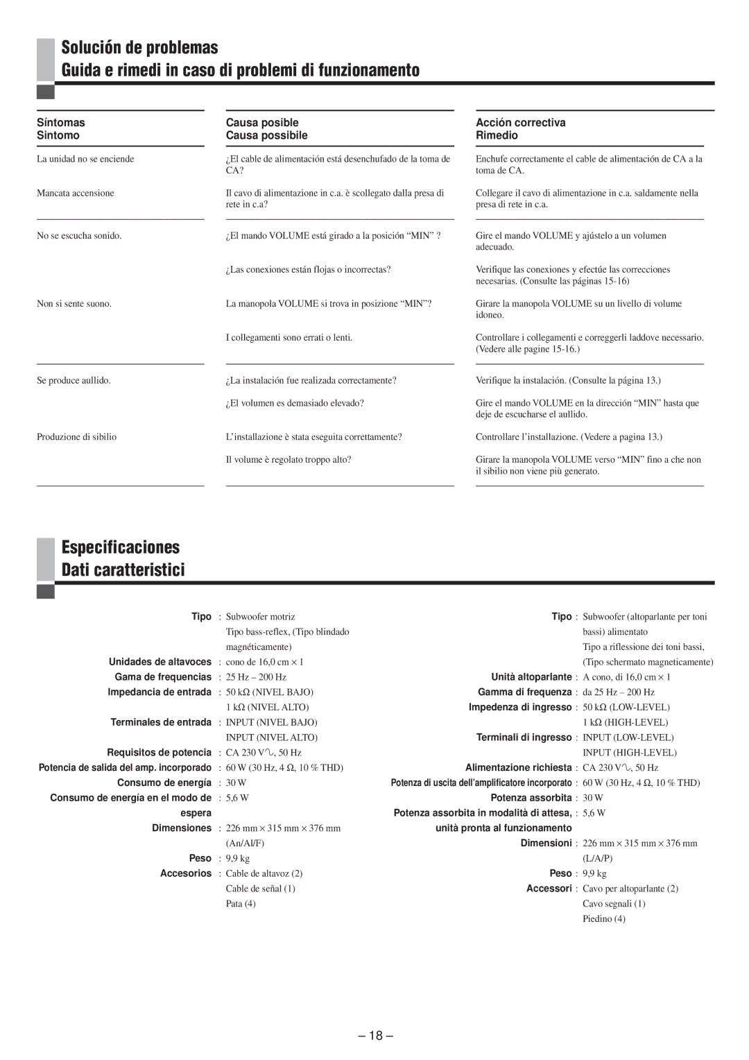 JVC LVT0673-001A manual Especificaciones Dati caratteristici, Síntomas Sintomo, Causa posible Causa possibile 