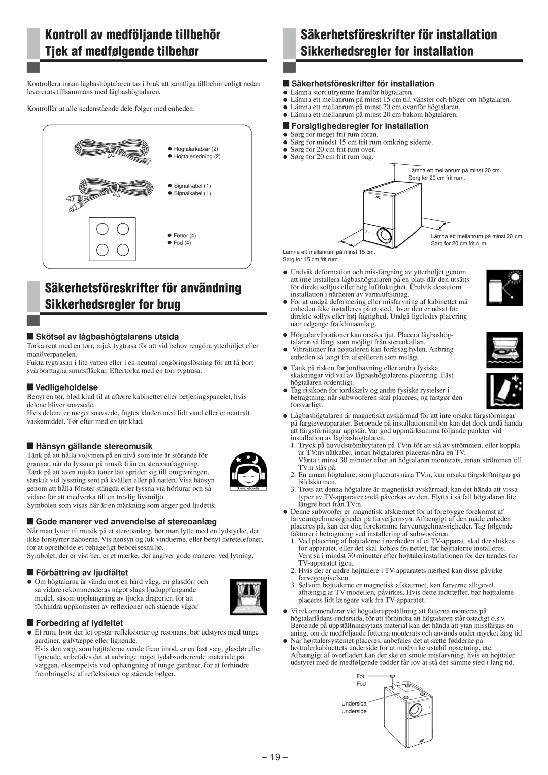 JVC LVT0673-001A manual Skötsel av lågbashögtalarens utsida, Vedligeholdelse, Hänsyn gällande stereomusik 