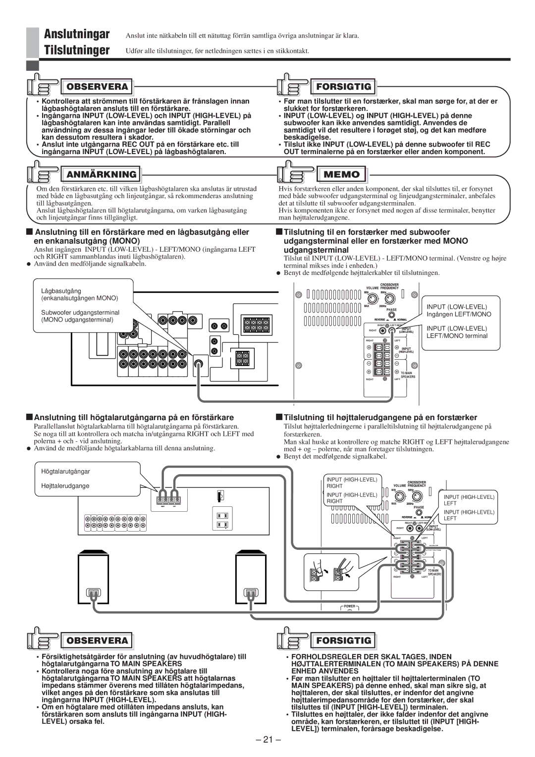 JVC LVT0673-001A manual Anslutningar Tilslutninger, Observera, Forsigtig, Anmärkning 