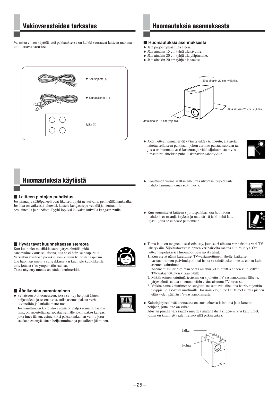 JVC LVT0673-001A manual Vakiovarusteiden tarkastus Huomautuksia asennuksesta, Huomautuksia käytöstä 