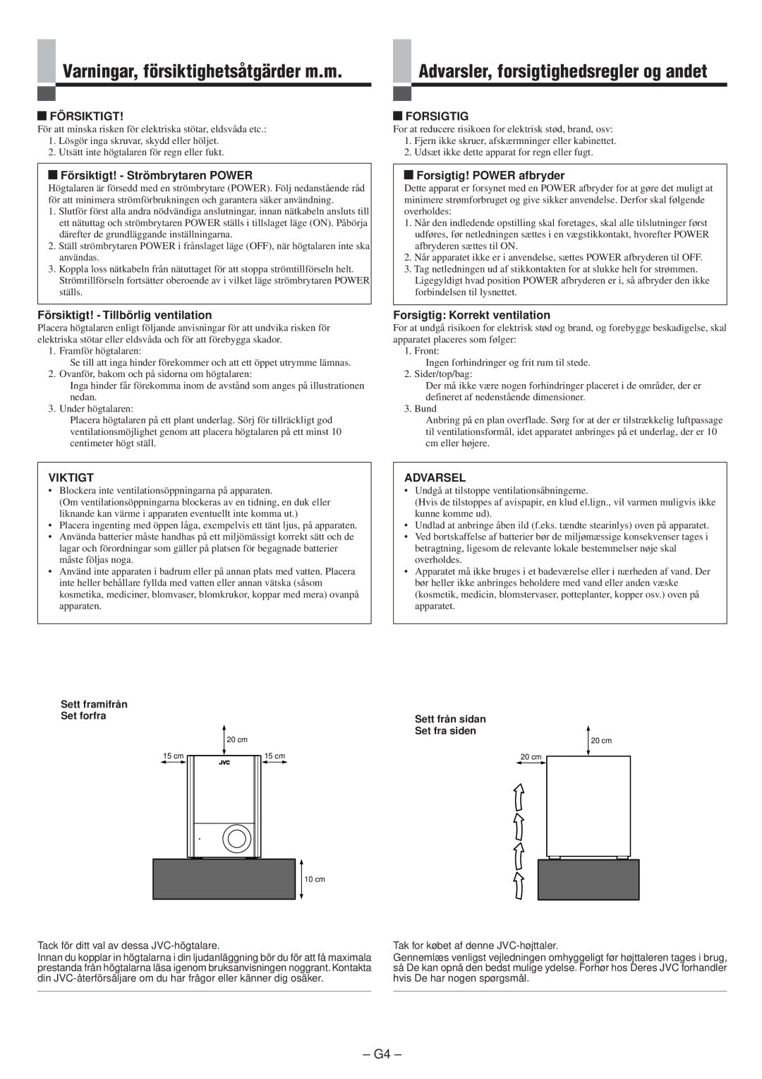 JVC LVT0673-001A manual Varningar, försiktighetsåtgärder m.m, Försiktigt, Viktigt, Forsigtig 