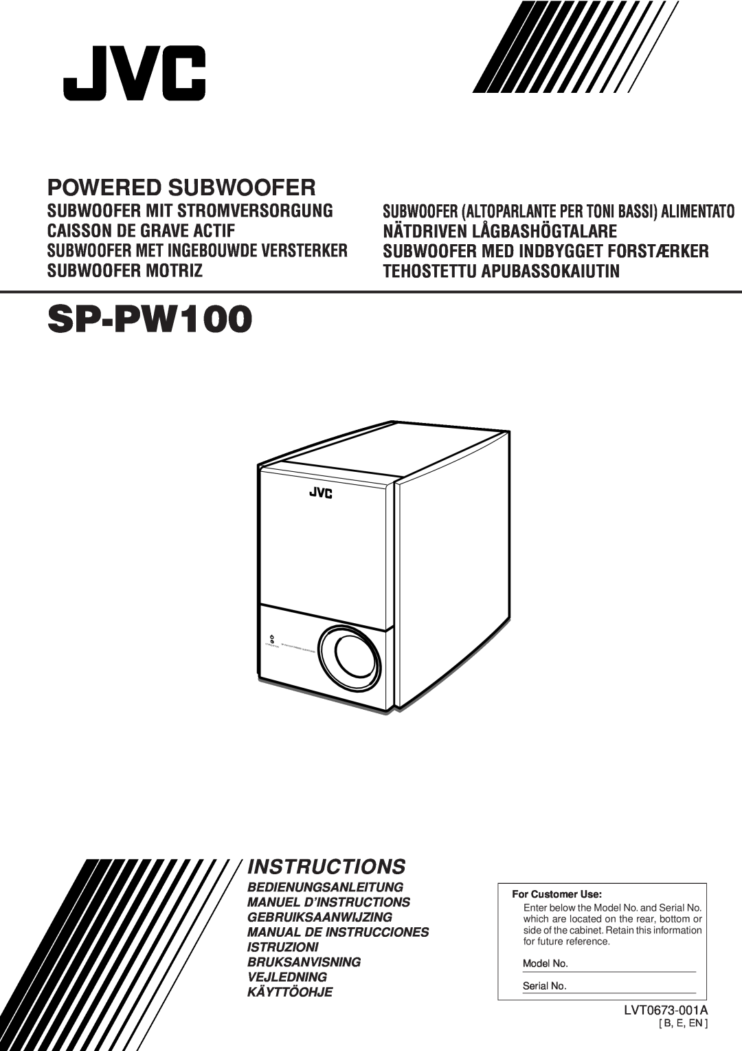 JVC LVT0673-001A manual SP-PW100, Instructions, Powered Subwoofer Compact Component System, T An, U Bw, By /O N, S P-Pw 