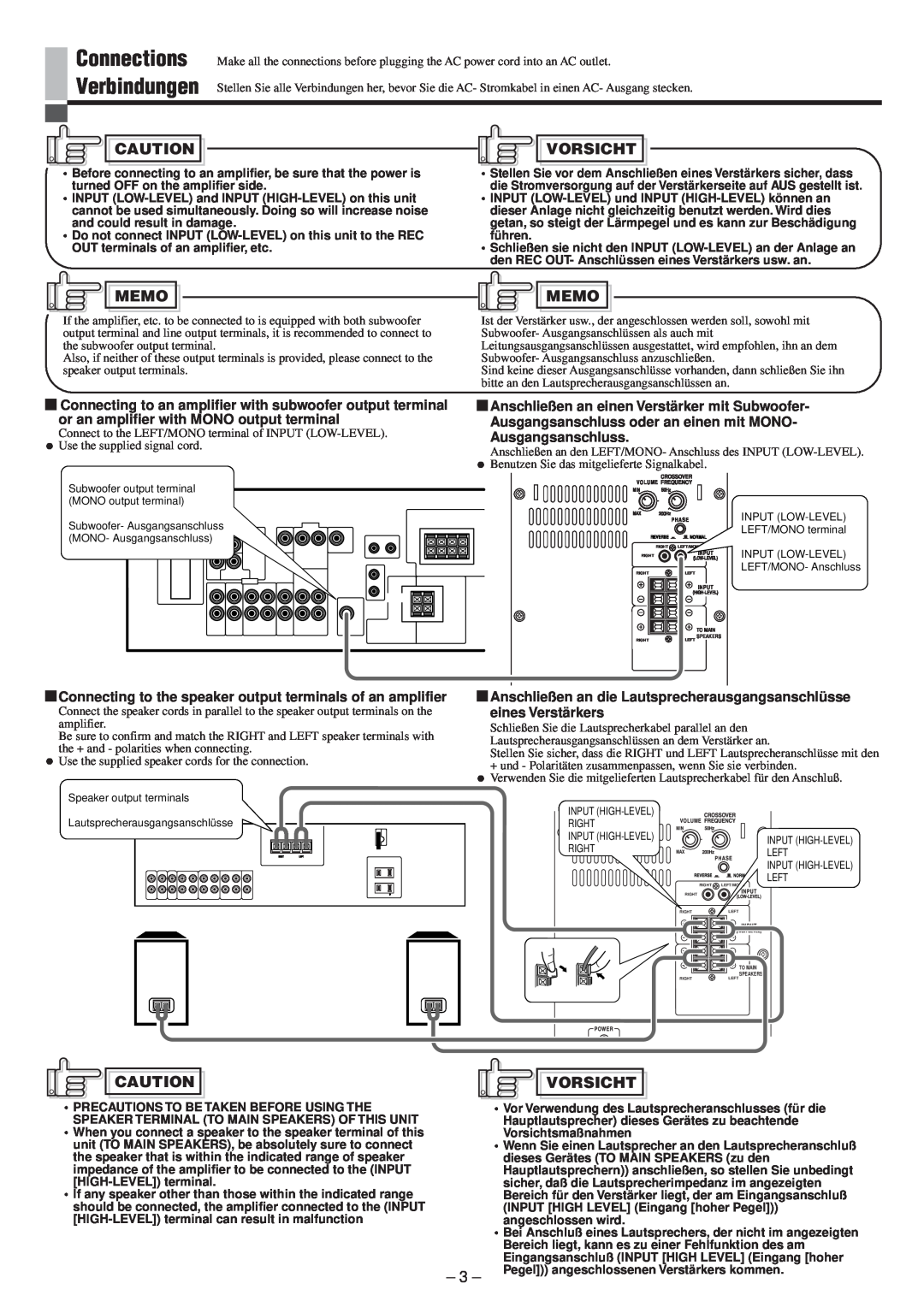JVC LVT0673-001A manual Connections Verbindungen, Vorsicht, Memo, Anschließen an einen Verstärker mit Subwoofer 