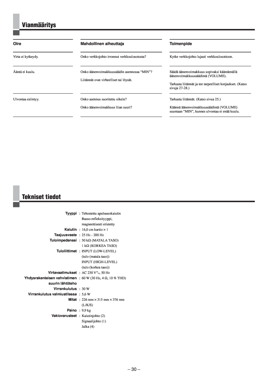 JVC LVT0673-001A manual Vianmääritys, Tekniset tiedot, Oire, Mahdollinen aiheuttaja, Toimenpide 
