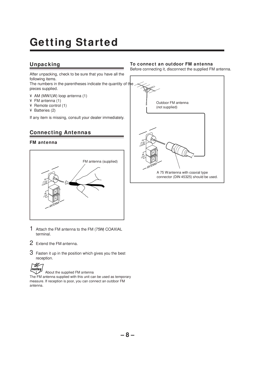 JVC CA-NXCDR7R, LVT0749-003A manual Getting Started, Unpacking, Connecting Antennas, To connect an outdoor FM antenna 