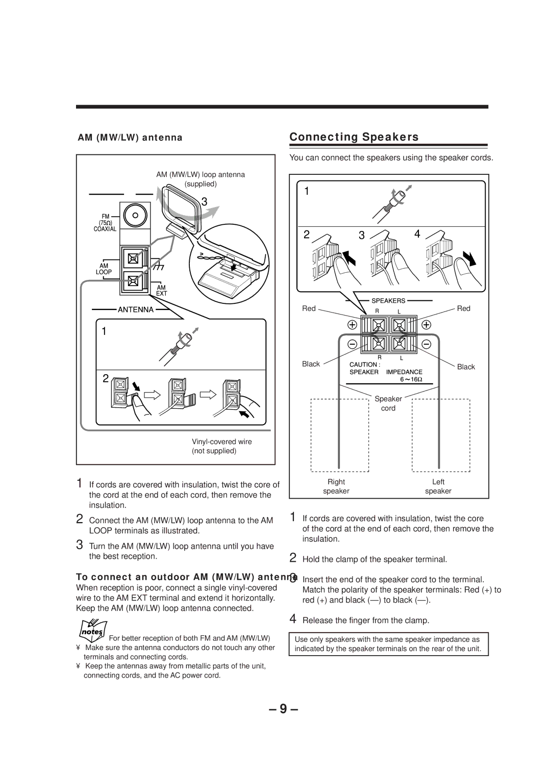 JVC LVT0749-003A manual Connecting Speakers, To connect an outdoor AM MW/LW antenna, Release the finger from the clamp 