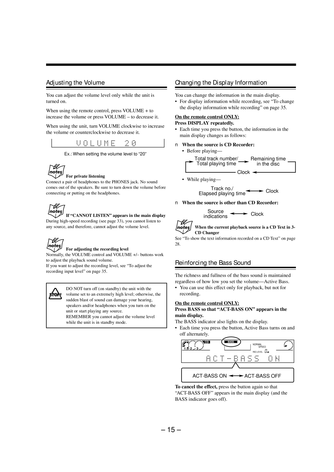 JVC LVT0749-003A, CA-NXCDR7R manual Adjusting the Volume, Changing the Display Information, Reinforcing the Bass Sound 