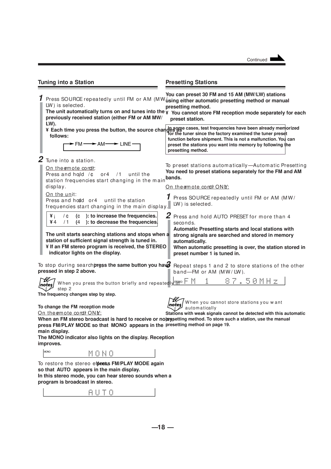 JVC CA-NXCDR7R, LVT0749-003A manual Tuning into a Station, Presetting Stations, To change the FM reception mode 