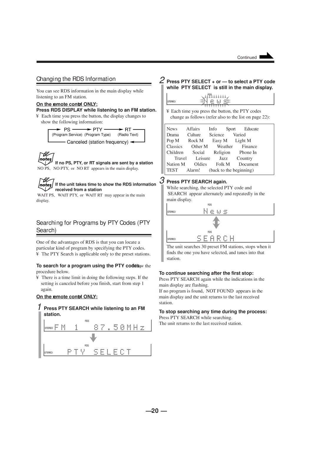 JVC CA-NXCDR7R manual Changing the RDS Information, Searching for Programs by PTY Codes PTY Search, Press PTY Search again 