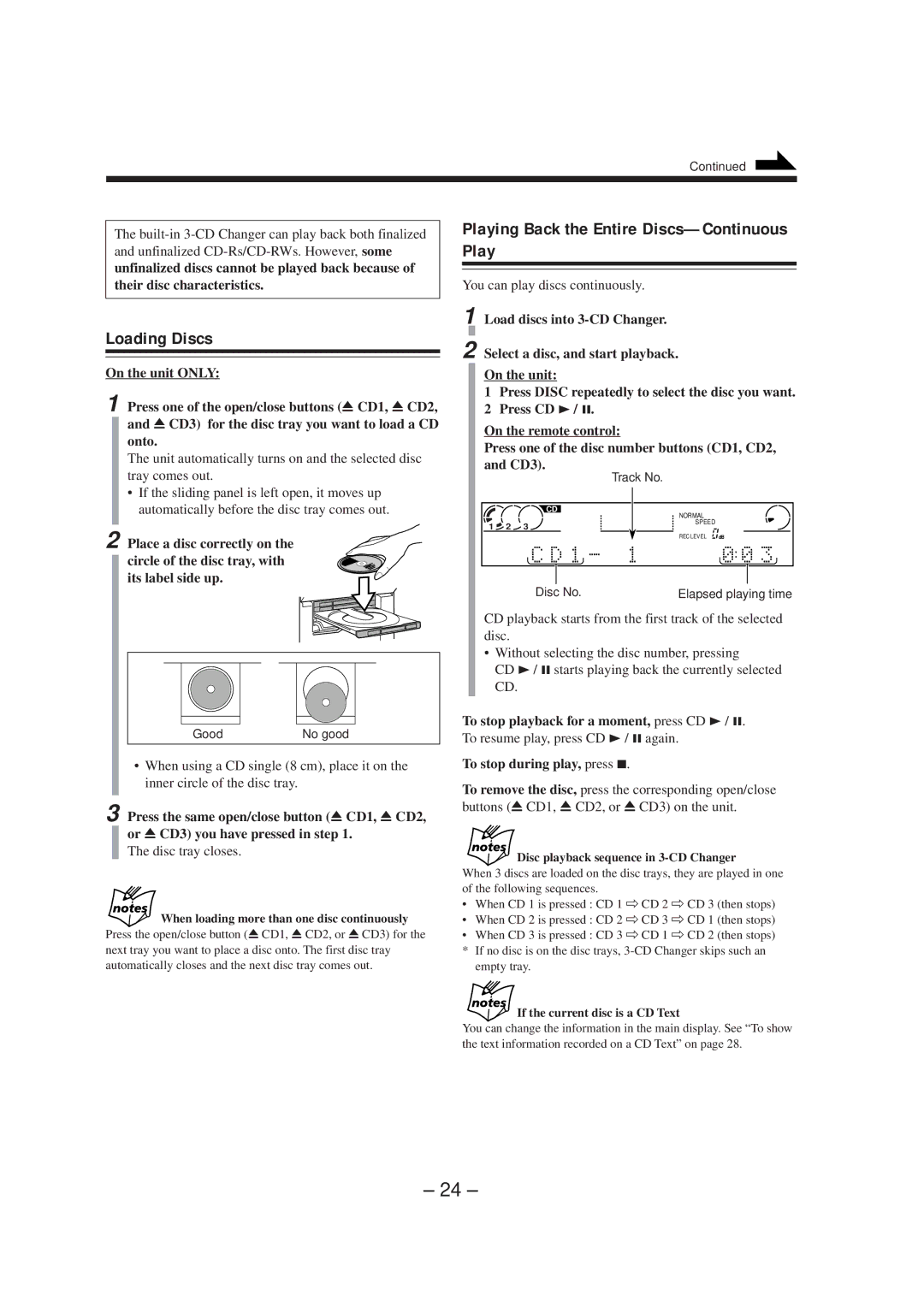 JVC CA-NXCDR7R, LVT0749-003A manual Loading Discs, Playing Back the Entire Discs-Continuous Play, Disc tray closes 