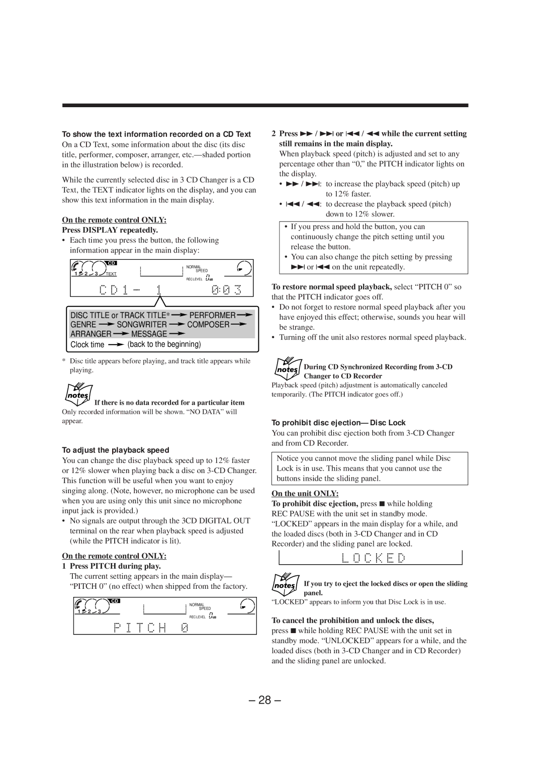 JVC CA-NXCDR7R, LVT0749-003A manual To adjust the playback speed, To prohibit disc ejection-Disc Lock 